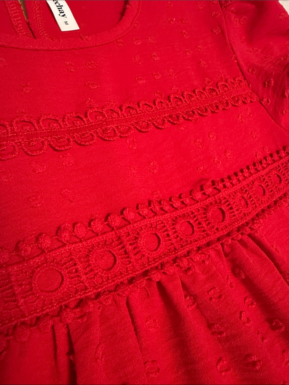 Falechay Women’s Size Medium Bright Red Eyelet Babydoll Short Bell Sleeve Blouse - Picture 5 of 8